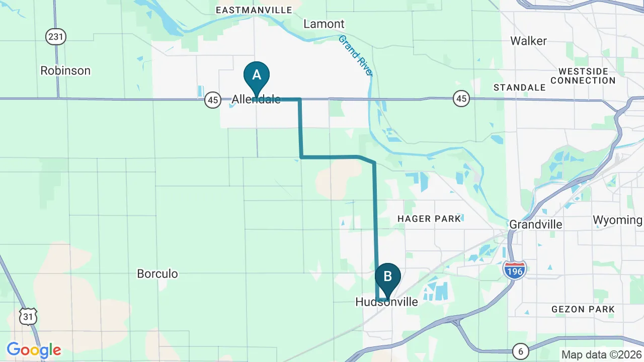 Driving directions map from Allendale, MI to Next Level Chiropractic & Wellness in Caro