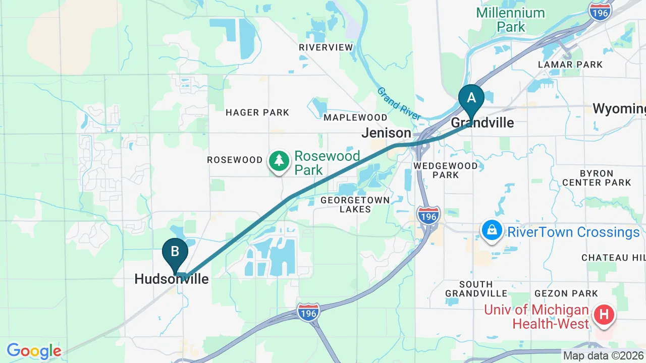 Driving directions map from Grandville, MI to Next Level Chiropractic & Wellness in Caro