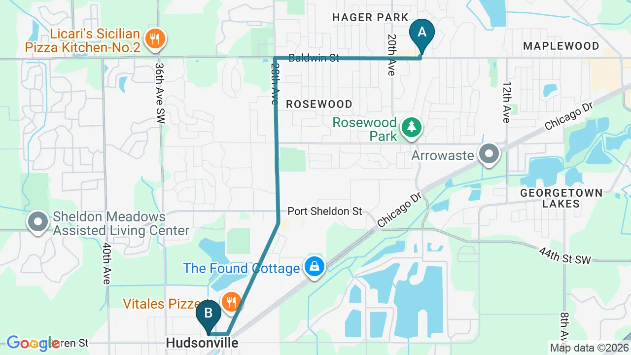 Driving directions map from Jenison, MI to Next Level Chiropractic & Wellness in Caro