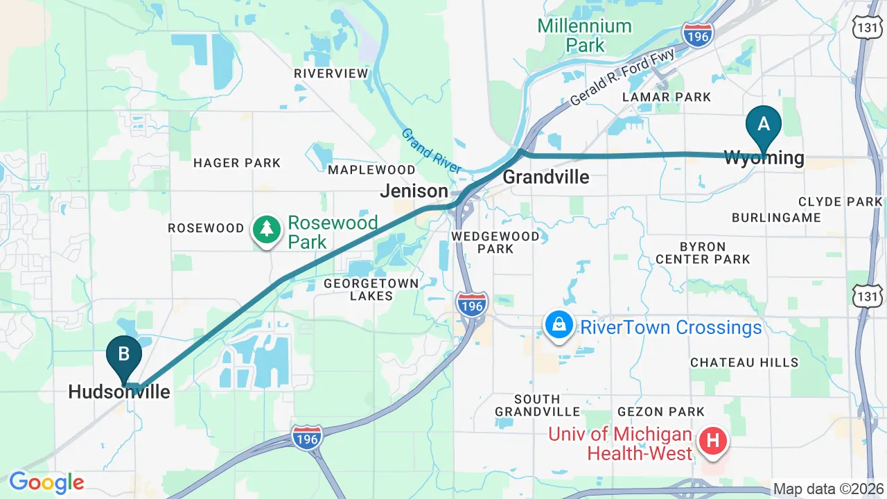 Driving directions map from Wyoming, MI to Next Level Chiropractic & Wellness in Caro