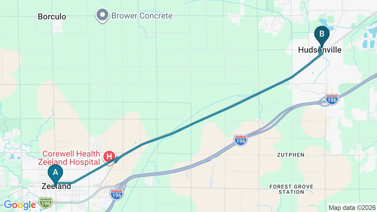 Driving directions map from Zeeland, MI to Next Level Chiropractic & Wellness in Caro